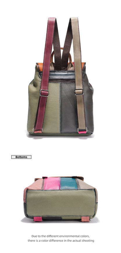 Women's Genuine Leather Backpack – Stylish, Spacious, and Featuring a Patchwork Design