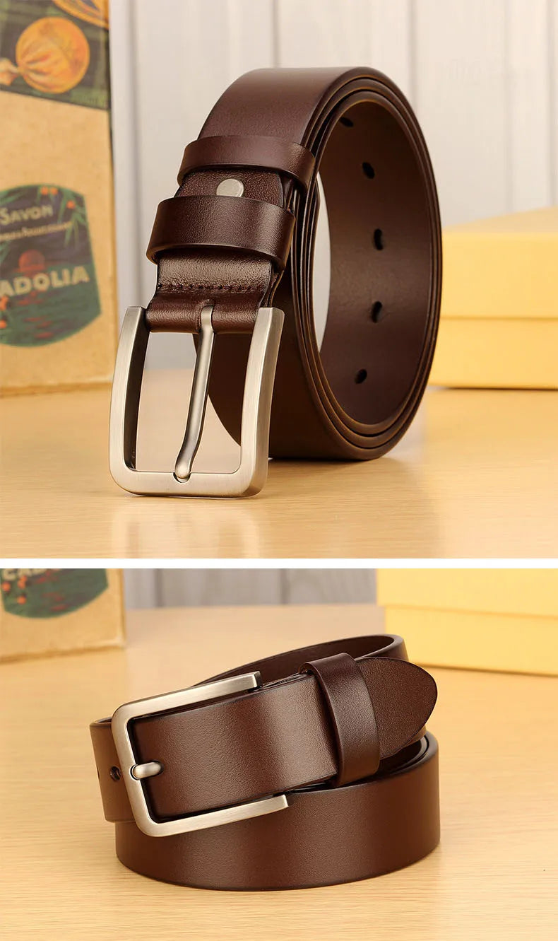Men's leather belt with metal alloy pin buckle