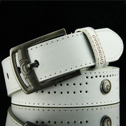 High-quality, casual and modern men's leather belt, wide with hollow rivets