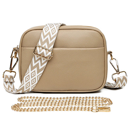 Women's leather tote bag, classic style with crossbody strap and chain detail