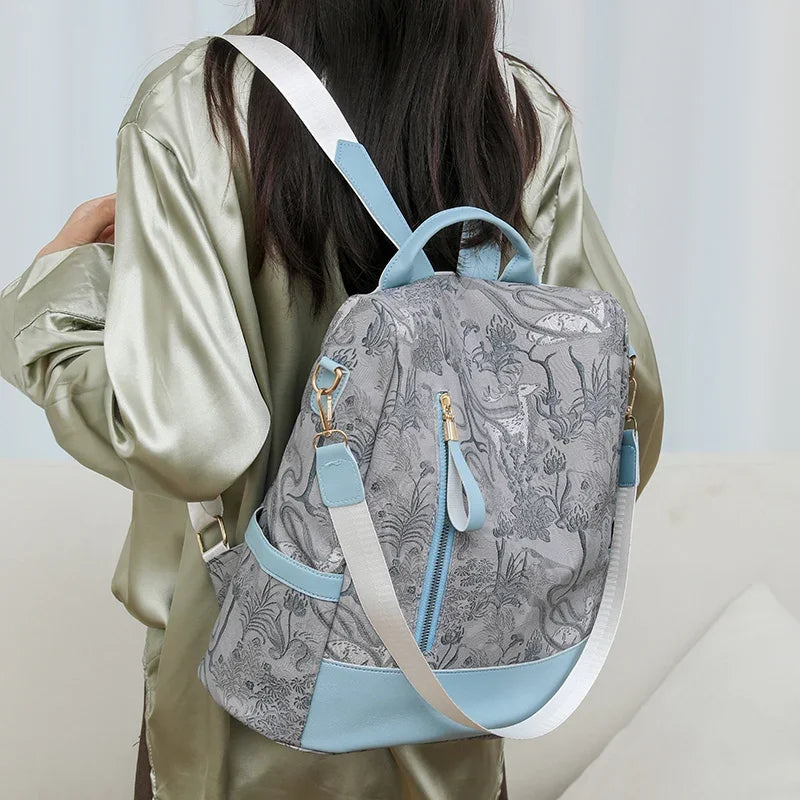 Women's Leather Backpack with Anti-Theft Design and Color-Blocking Style – Multifunctional with Large Capacity