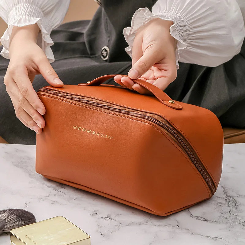 A sophisticated, portable, and large toiletry bag for cosmetics or personal hygiene items.