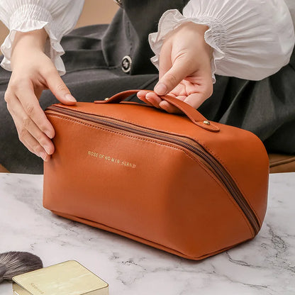 A sophisticated, portable, and large toiletry bag for cosmetics or personal hygiene items.
