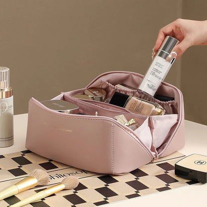 A sophisticated, portable, and large toiletry bag for cosmetics or personal hygiene items.