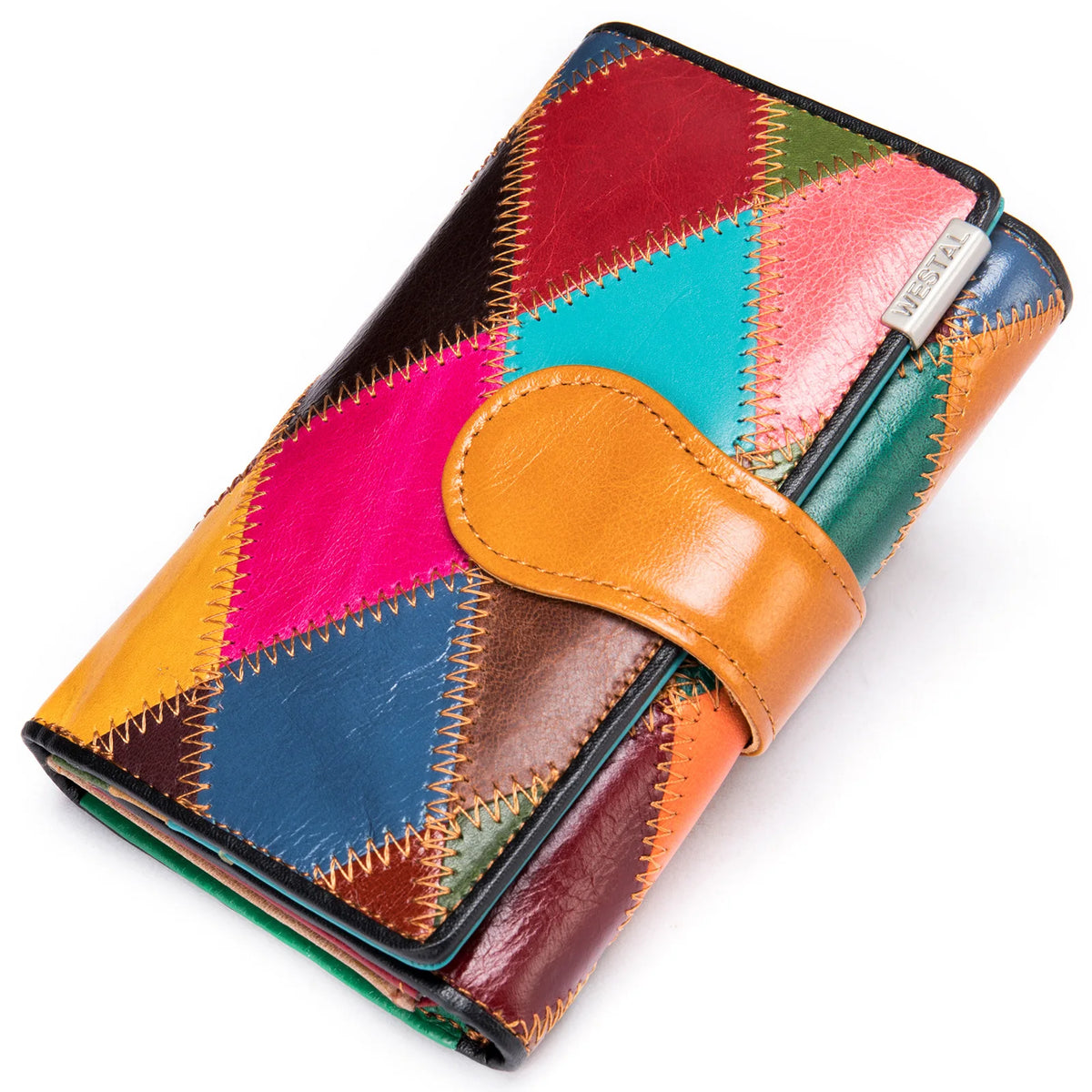 Elegant, compact women's wallet featuring a two-tone design, coin pocket, multiple card slots, and a money clip; crafted from high-quality genuine leather.