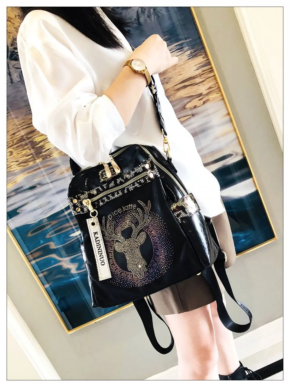 Stylish, modern, and beautiful women's backpack in soft leather with a sparkling rhinestone print