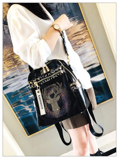 Stylish, modern, and beautiful women's backpack in soft leather with a sparkling rhinestone print