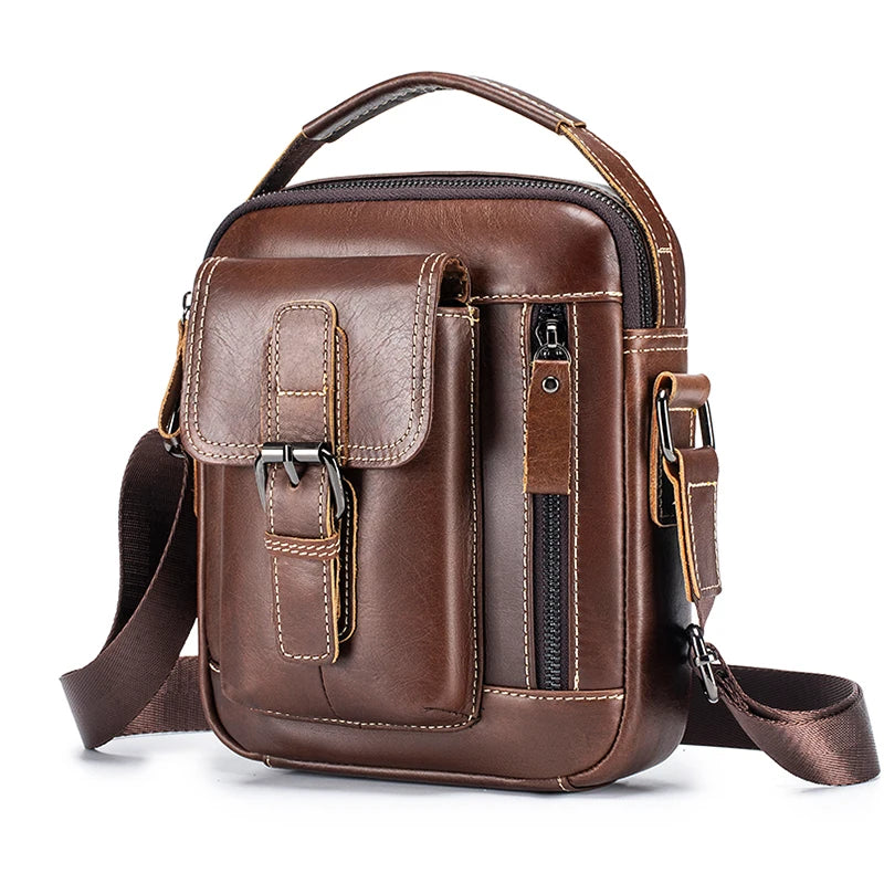 Small and versatile vertical shoulder bag in genuine leather for men