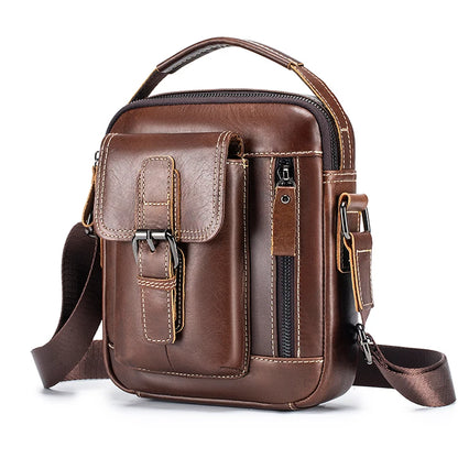 Small and versatile vertical shoulder bag in genuine leather for men