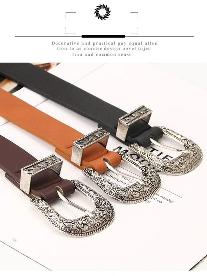 Adjustable women's boho western style belt with round buckle
