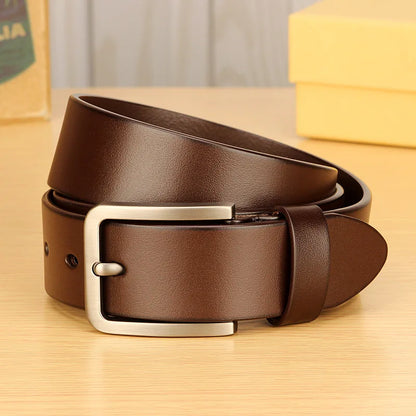 Men's leather belt with metal alloy pin buckle