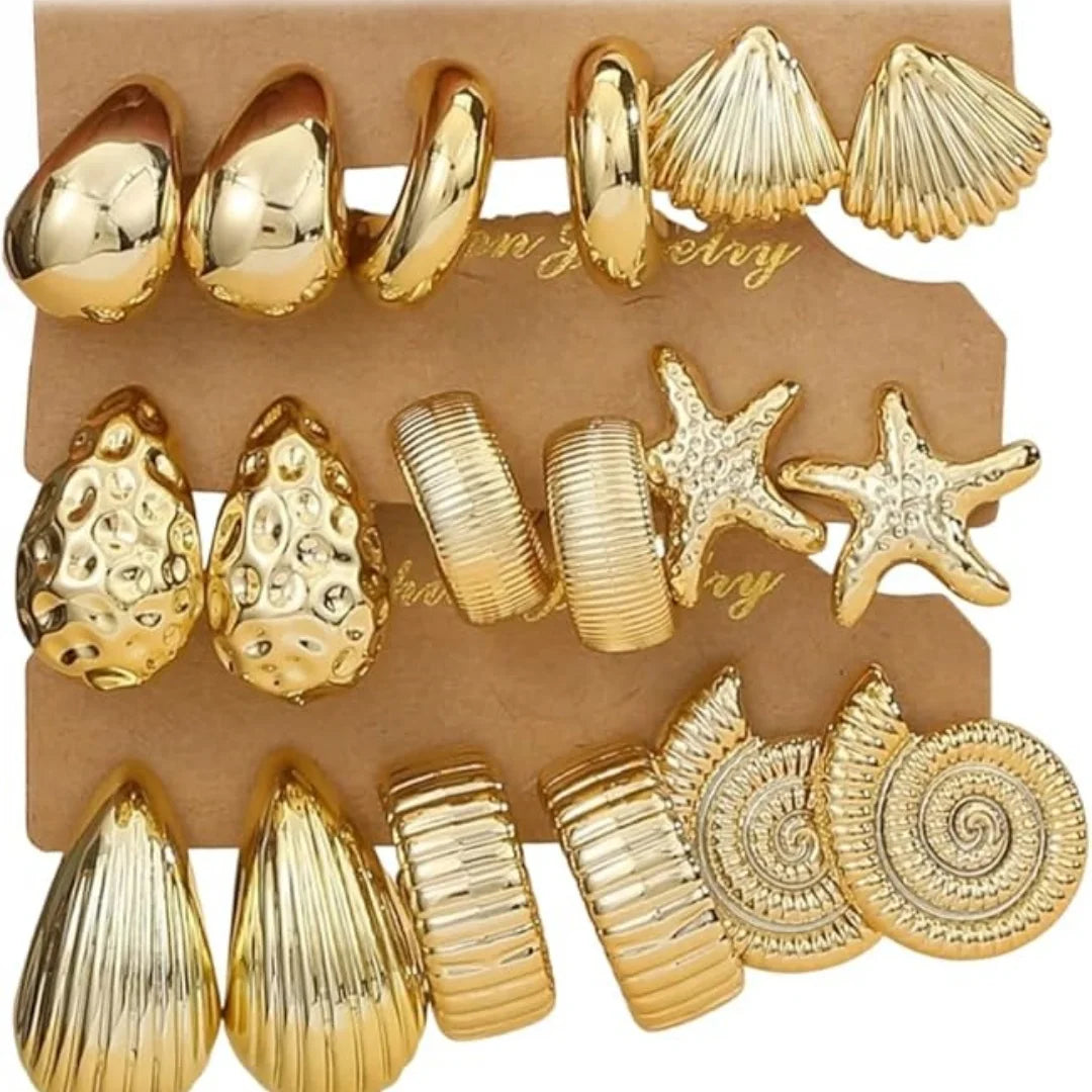 Set of 9 pairs of gold hoop earrings for women, open with hypoallergenic pearls