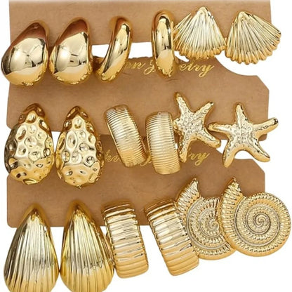 Set of 9 pairs of gold hoop earrings for women, open with hypoallergenic pearls