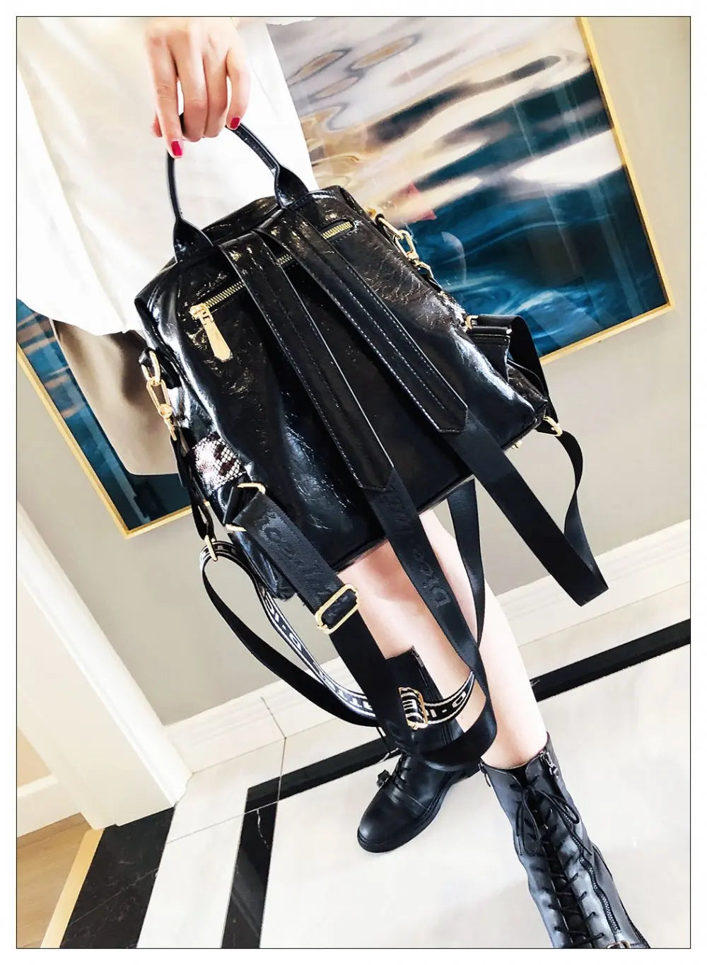 Stylish, modern, and beautiful women's backpack in soft leather with a sparkling rhinestone print
