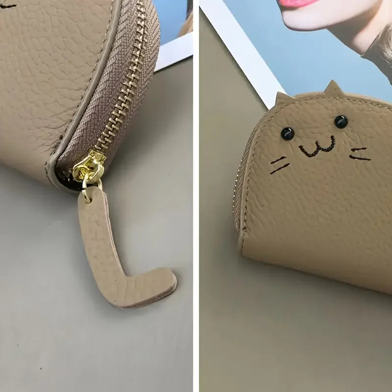 Card holder with a cat-shaped design and multiple compartments.