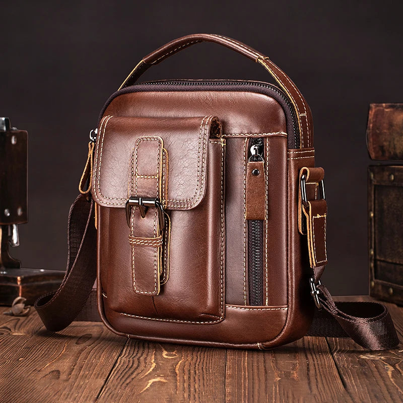 Small and versatile vertical shoulder bag in genuine leather for men