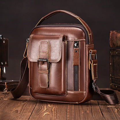 Small and versatile vertical shoulder bag in genuine leather for men