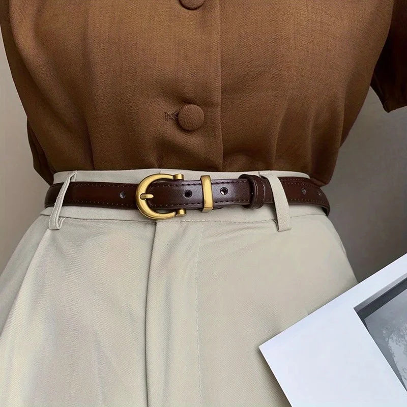 Women's casual vintage leather belt with classic oval buckle