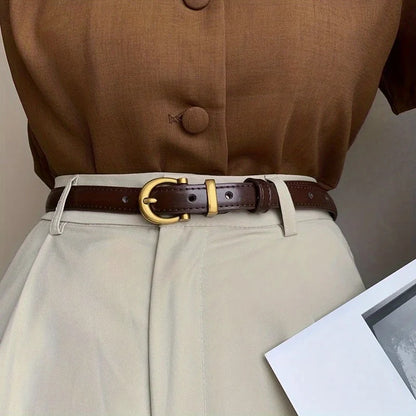 Women's casual vintage leather belt with classic oval buckle