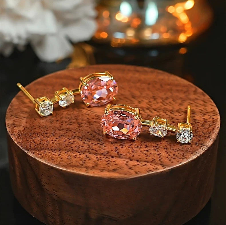 S925 Silver Earpiece 2ct Papalacha Pink Orange Zircon Inlaid Earnail Color Treasure Eardrop Light Luxury Gentle Jewelry
