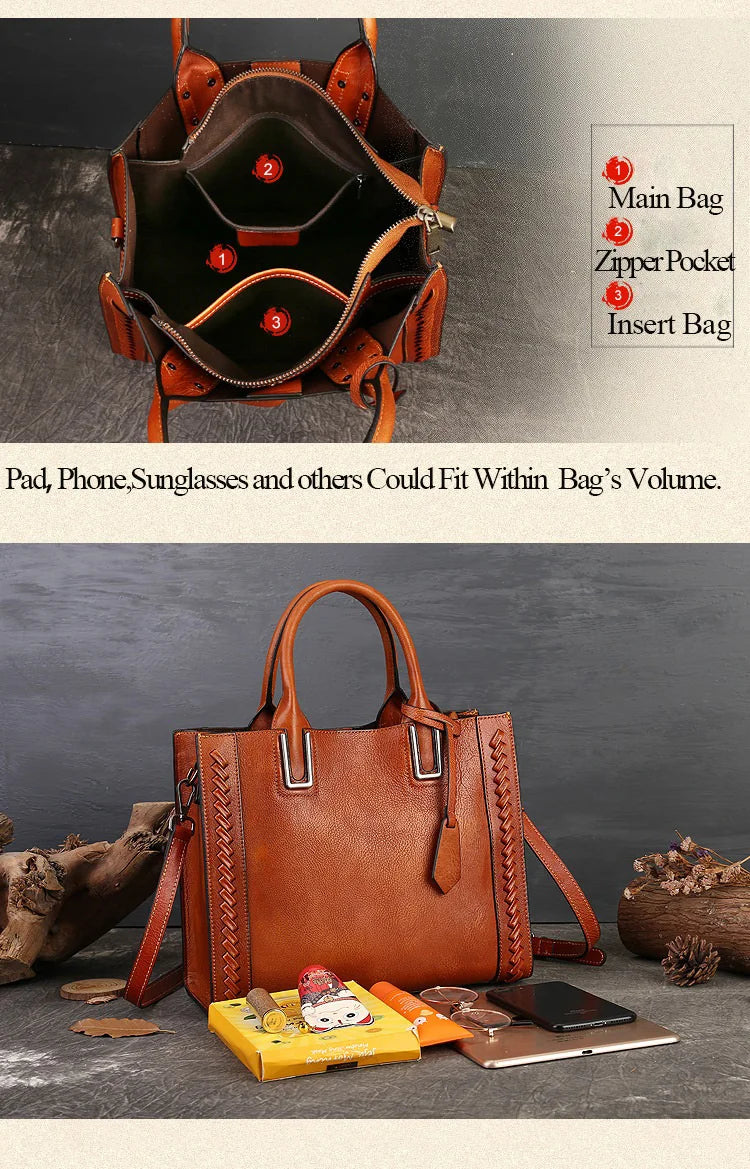 Women's genuine leather shopper bag with zipper closure
