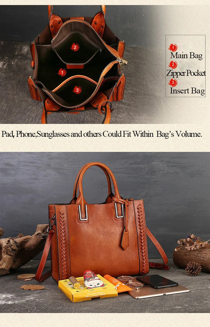Women's genuine leather shopper bag with zipper closure