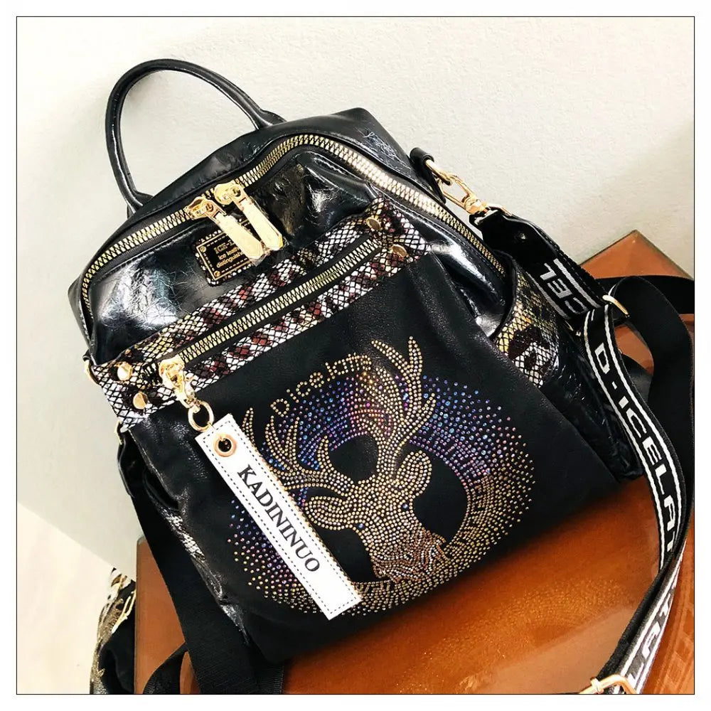 Stylish, modern, and beautiful women's backpack in soft leather with a sparkling rhinestone print