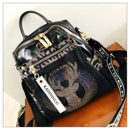 Stylish, modern, and beautiful women's backpack in soft leather with a sparkling rhinestone print
