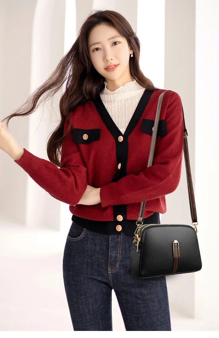 Women's genuine leather handbag with flap, luxurious, messenger style, crossbody