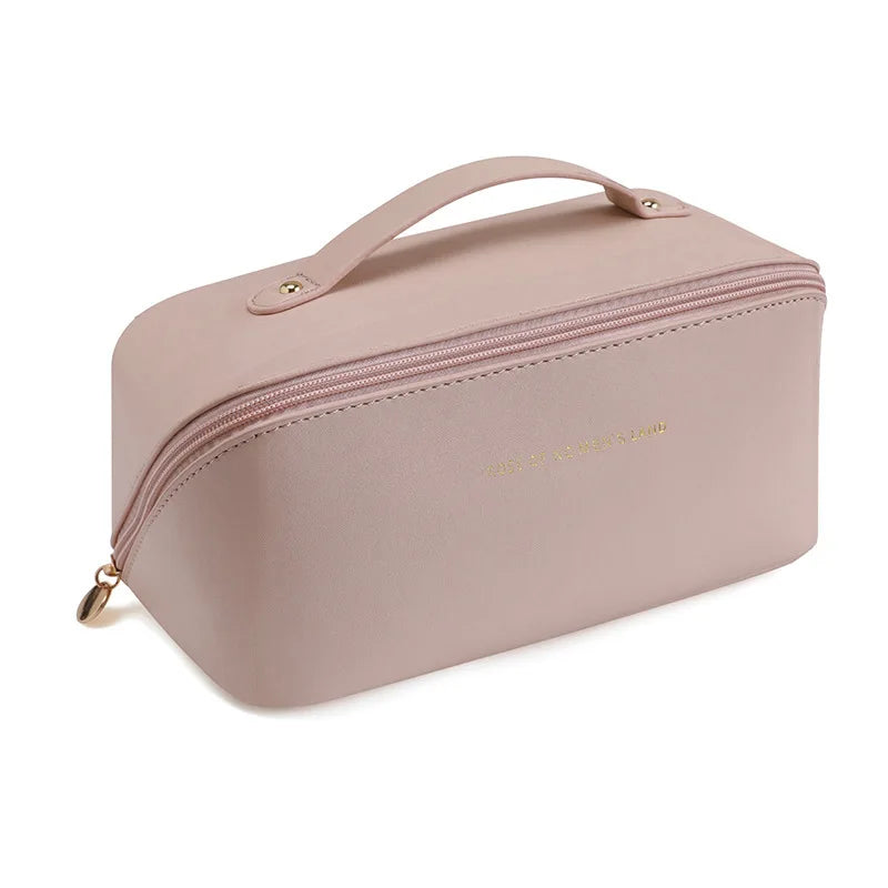 A sophisticated, portable, and large toiletry bag for cosmetics or personal hygiene items.