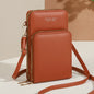 Modern, compact, and secure women's cell phone bag. Holds phones, cards, and documents