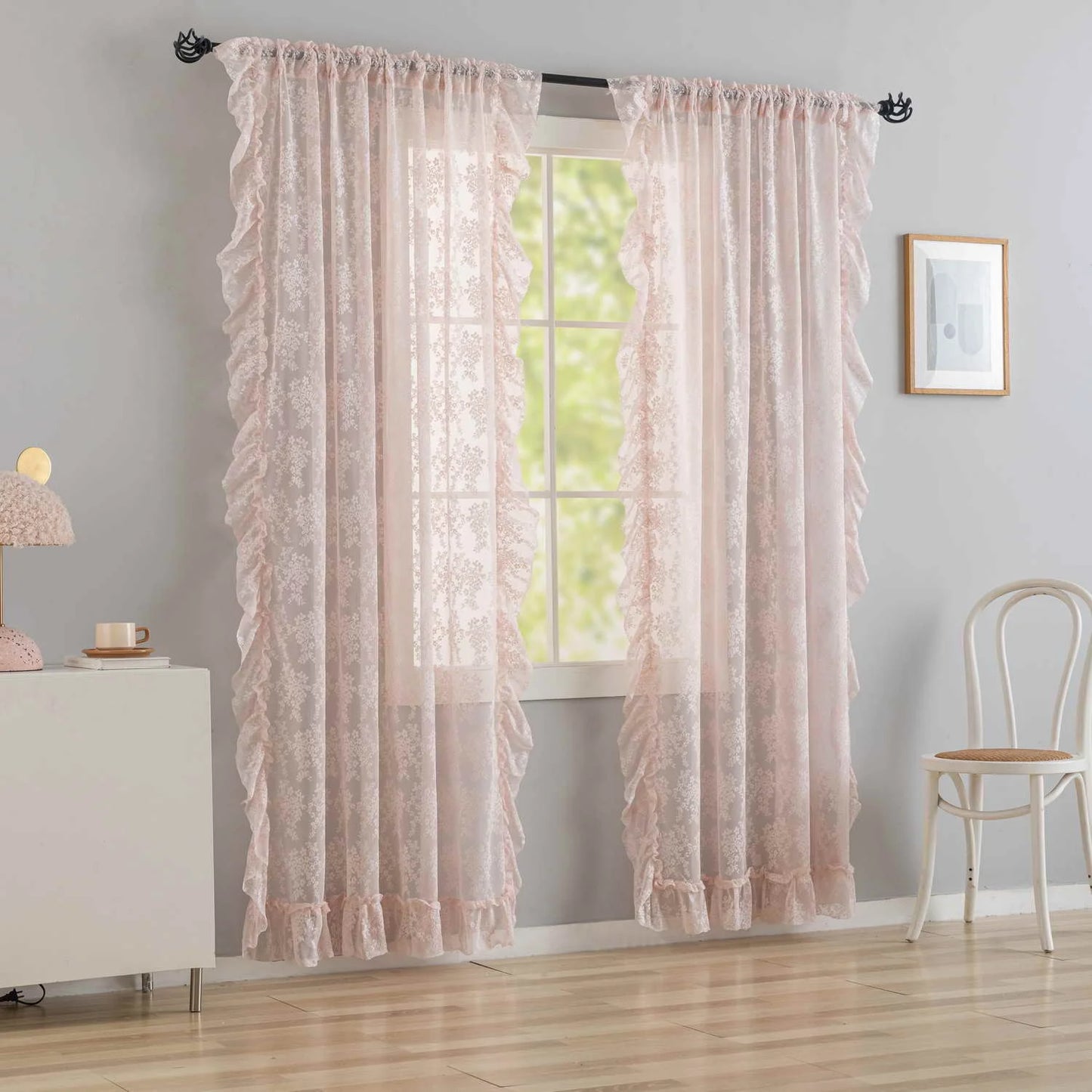 2PC French Pastoral Embroidery Lace Pink Sheer Curtains For Bedroom Living