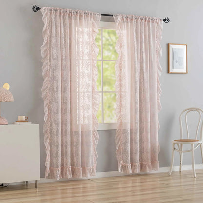 2PC French Pastoral Embroidery Lace Pink Sheer Curtains For Bedroom Living
