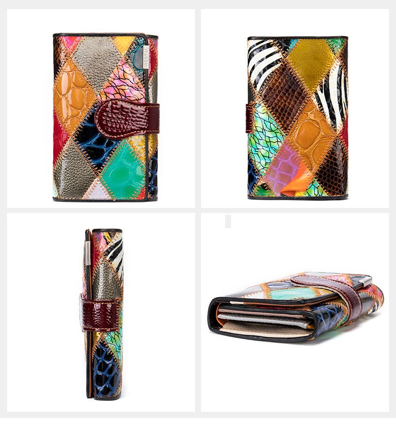 Elegant, compact women's wallet featuring a two-tone design, coin pocket, multiple card slots, and a money clip; crafted from high-quality genuine leather.