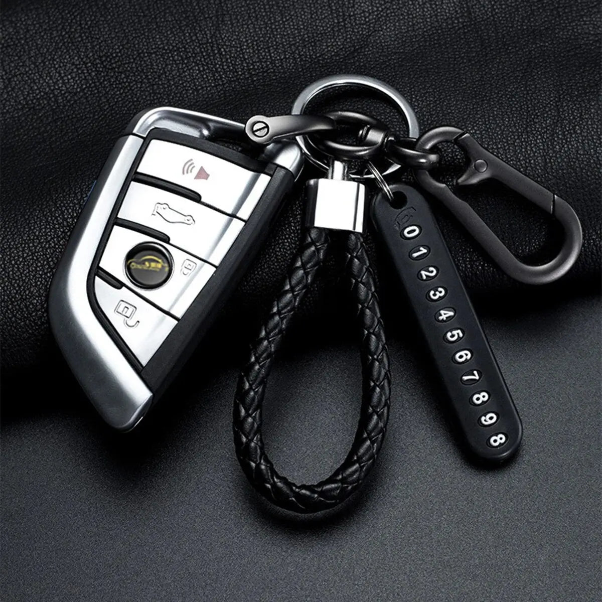 Modern DIY cell phone plate pendant keychain for men, made of braided leather cord, anti-loss accessory for car keys