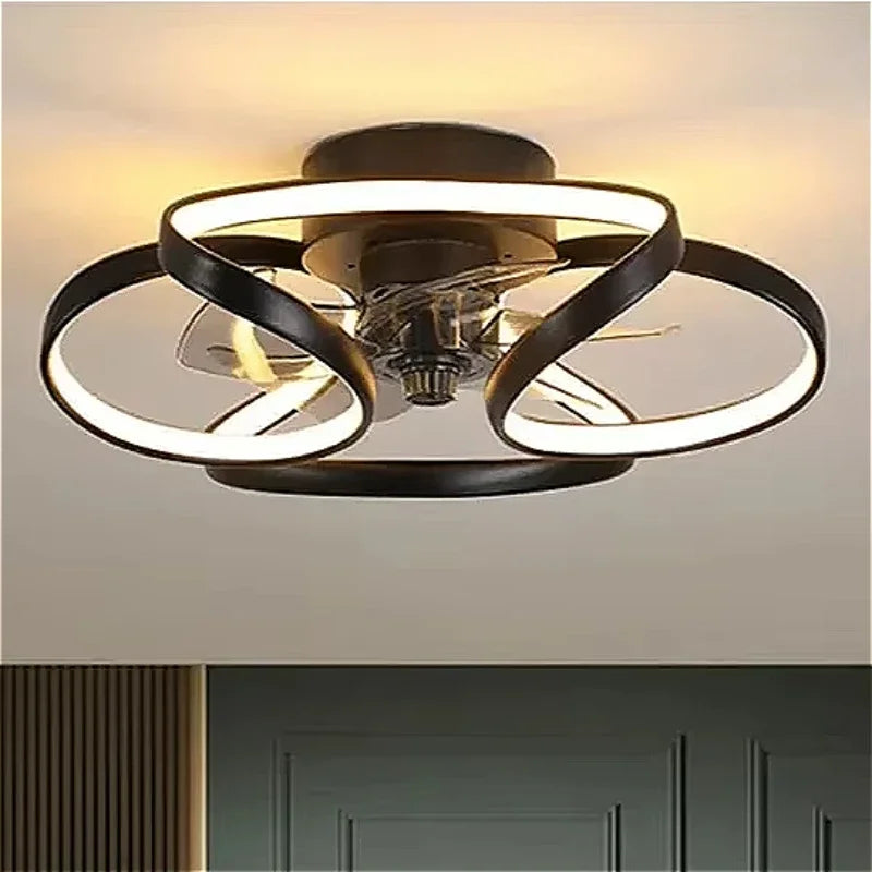 Smart Nordic ceiling fan with LED light, dimmable and silent, with remote control. Bedroom lighting