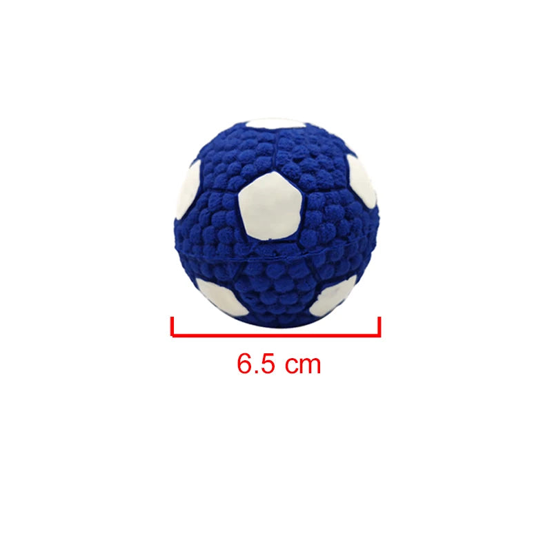 Soft latex ball with a squeaker for small and large dogs. Shaped like a game ball such as rugby, tennis, volleyball, soccer, and basketball. Engages your pet in play and helps clean their teeth