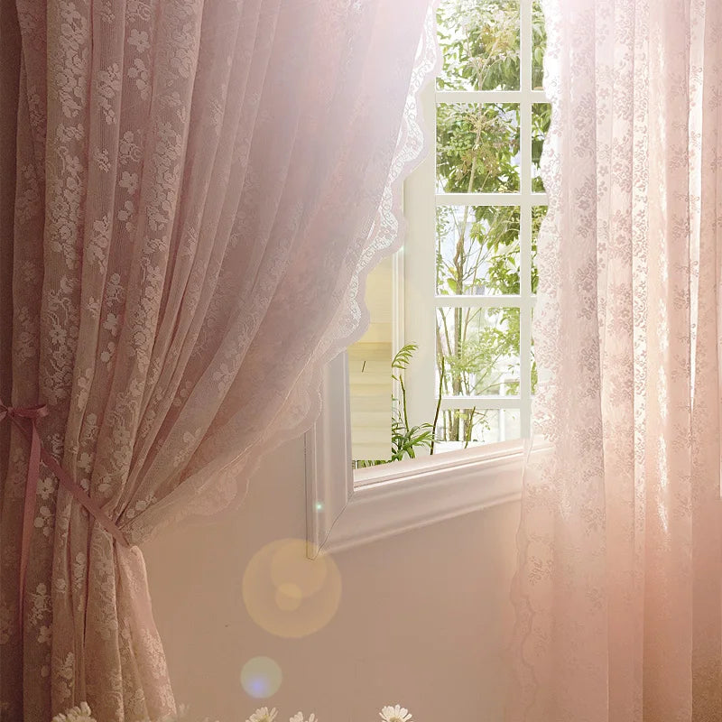 2PCS French Pink Lace Sheer Curtain For Luxurious Living Room, Princess Room