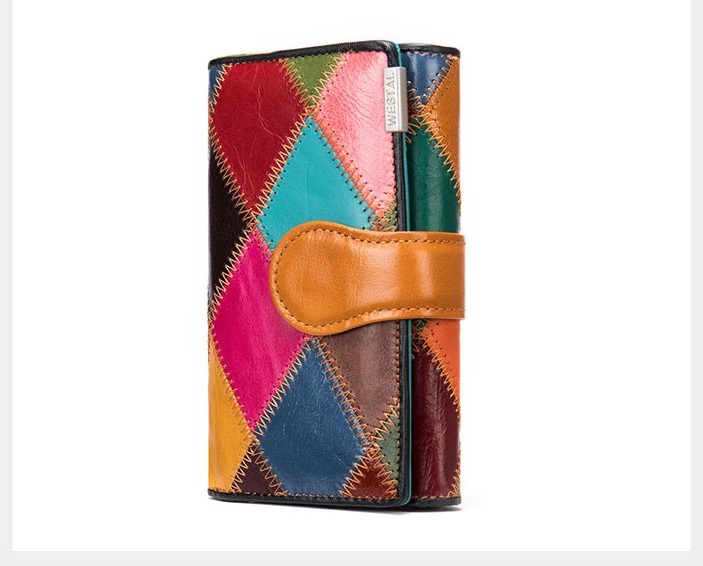 Elegant, compact women's wallet featuring a two-tone design, coin pocket, multiple card slots, and a money clip; crafted from high-quality genuine leather.