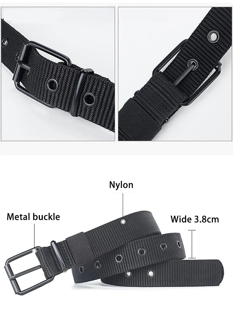 Unisex canvas belt with pin buckle and leather detail. Modern with eyelets and perfect for wearing with jeans.