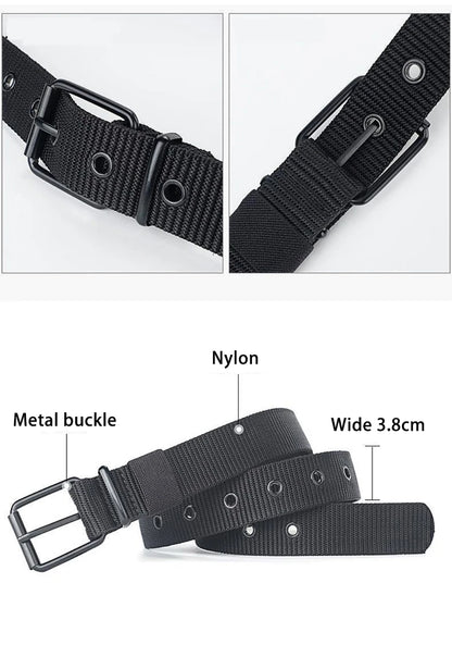 Unisex canvas belt with pin buckle and leather detail. Modern with eyelets and perfect for wearing with jeans.
