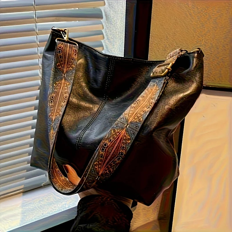 Women's bohemian-style handbag with vintage embroidery and a wide strap