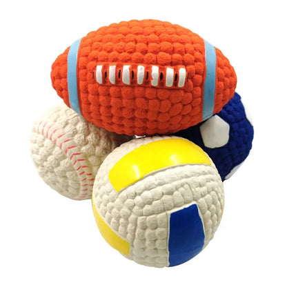Soft latex ball with a squeaker for small and large dogs. Shaped like a game ball such as rugby, tennis, volleyball, soccer, and basketball. Engages your pet in play and helps clean their teeth