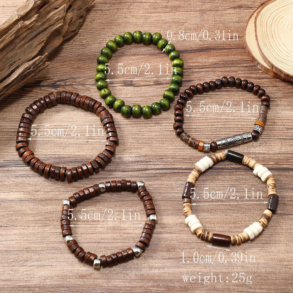 Retro men's multi-layered bracelet made with coconut shell, elastic cord, and wooden beads