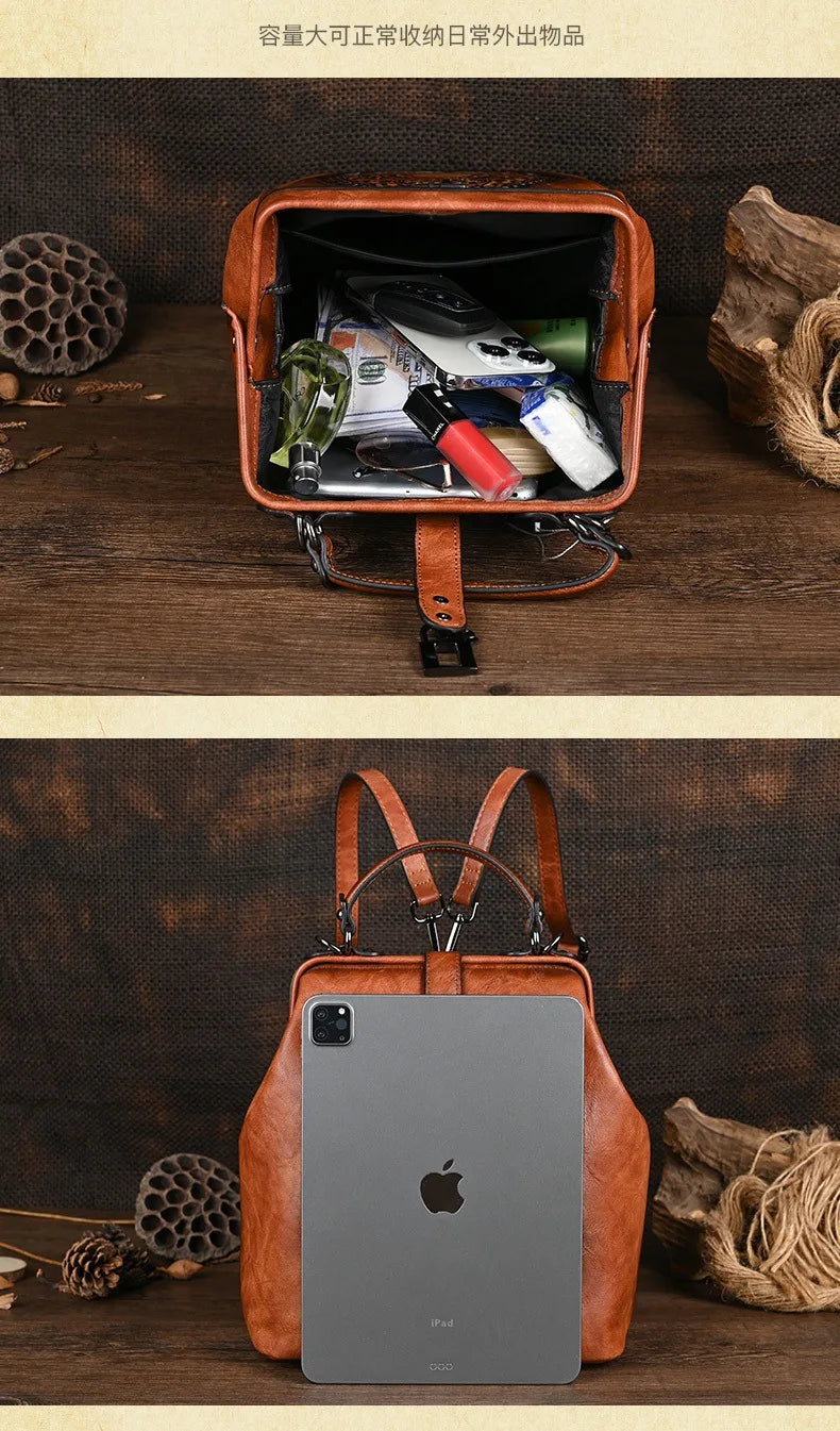 Women's vintage leather backpack, luxurious and elegant