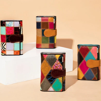 Elegant, compact women's wallet featuring a two-tone design, coin pocket, multiple card slots, and a money clip; crafted from high-quality genuine leather.