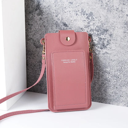 Modern shoulder bag in a solid color, with compartments for cell phone, wallets, and document holder