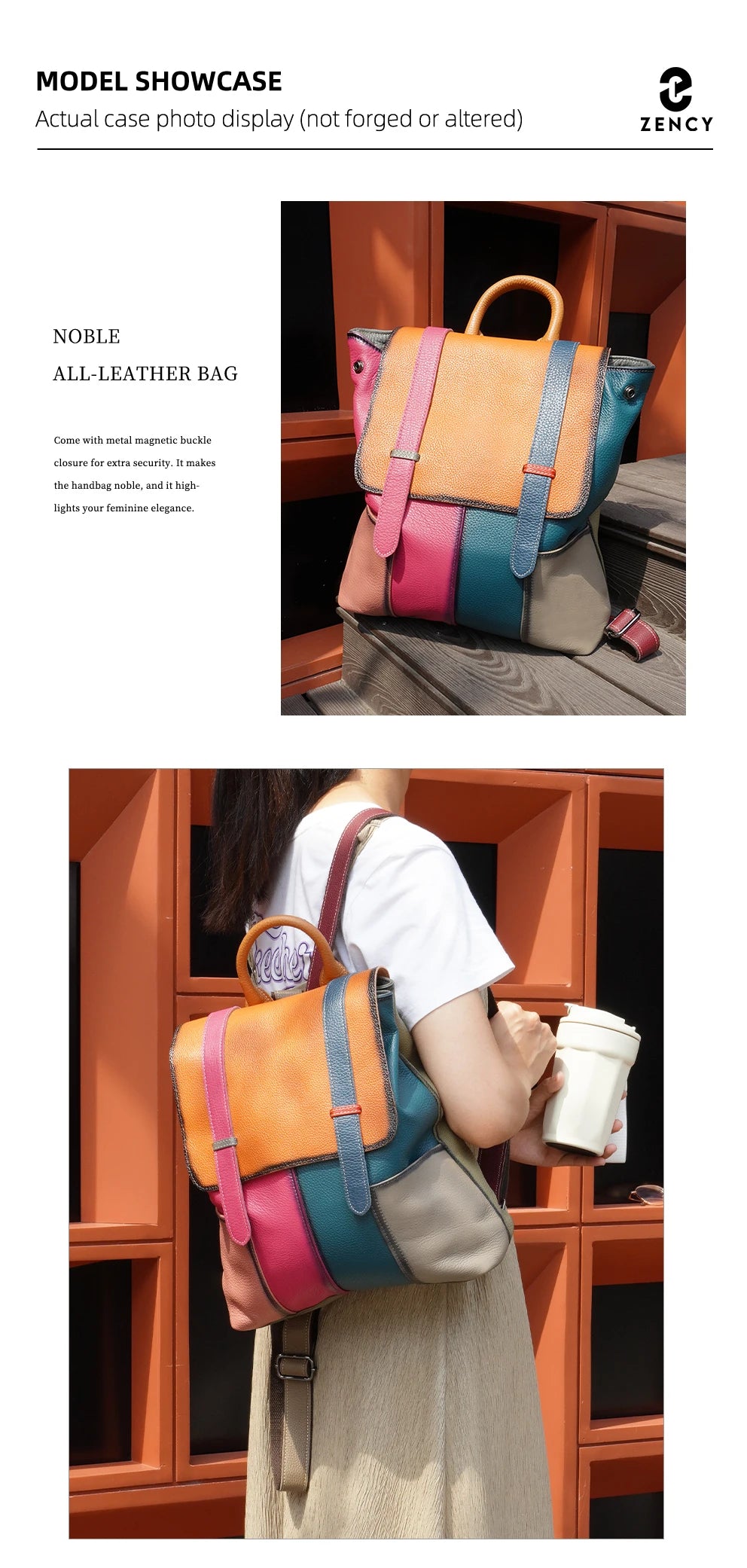 Women's Genuine Leather Backpack – Stylish, Spacious, and Featuring a Patchwork Design