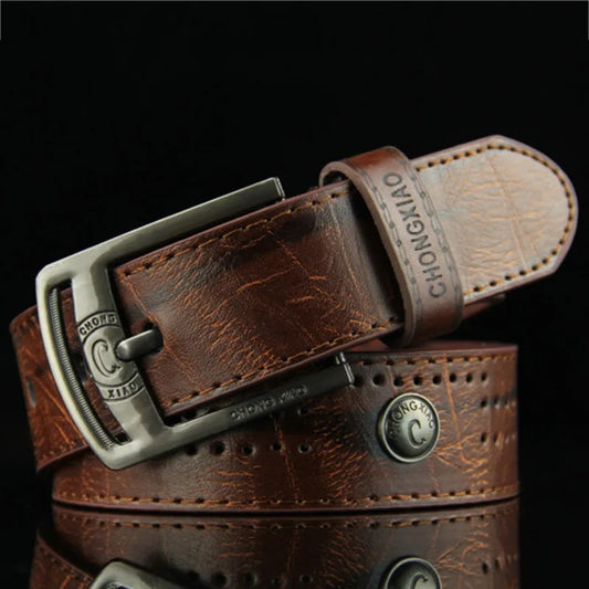 High-quality, casual and modern men's leather belt, wide with hollow rivets