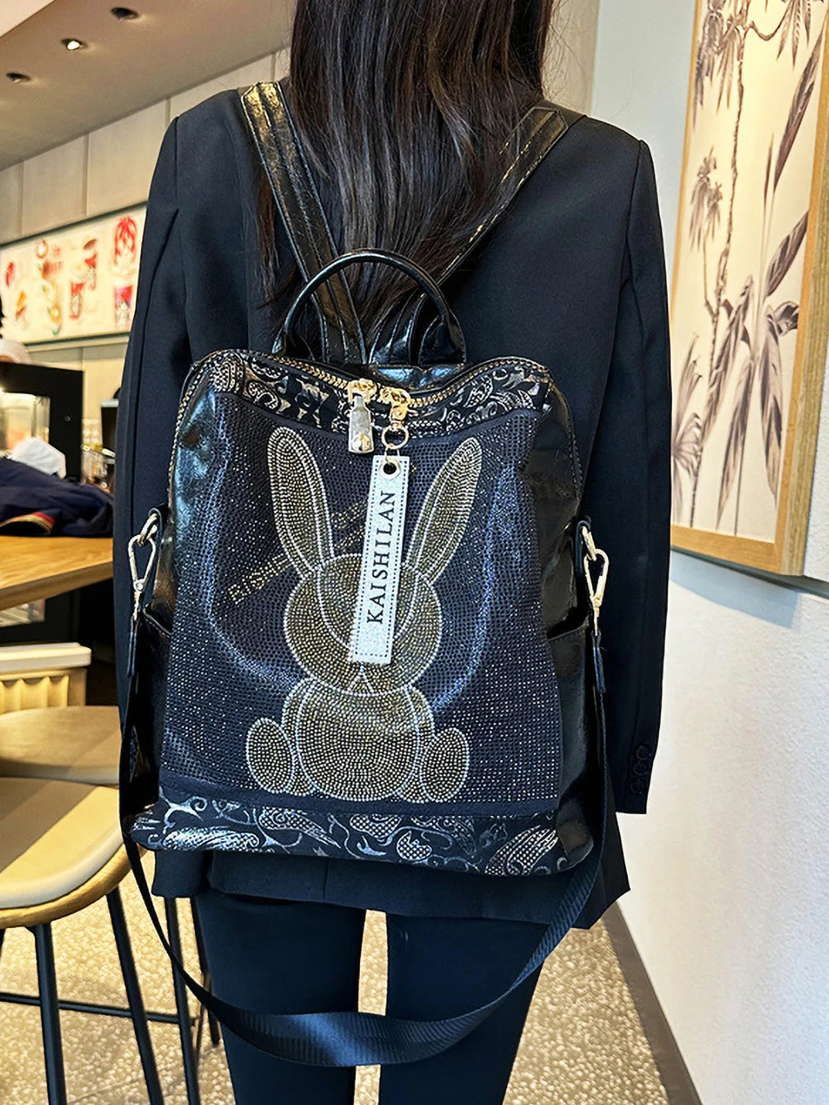 Multifunctional women's backpack with rabbit design and rhinestones, made of leather